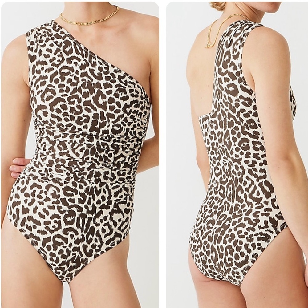 J. Crew Ruched One-Shoulder One-Piece In Leopard - Taupe Multi, Size 2‎